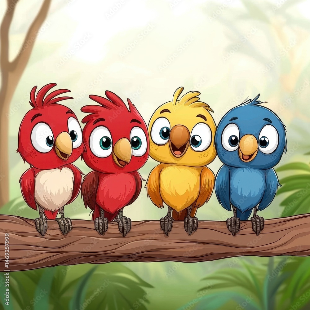 Fototapeta premium Four Colorful Cartoon Birds on Branch Jungle Background