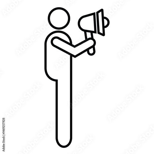 A straightforward black and white line art icon of a stick figure standing upright and holding a megaphone. representing general announcements, public speaking, alerts.