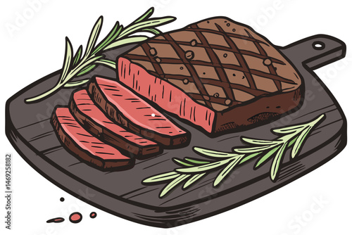 72 juicy steak, grilled meat, seared beef, rosemary garnish, food photography, detailed realistic, digital painting, 8k