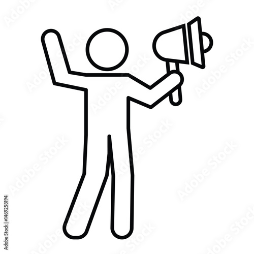 A black and white line art icon featuring a stick figure standing, holding a megaphone in one hand, and raising the other arm, possibly in a gesture of emphasis or rallying.
