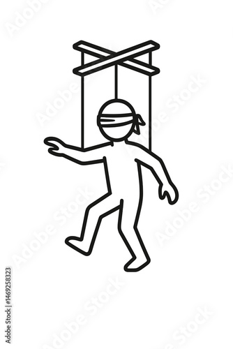 Puppet figure manipulated by strings in a minimalist design  