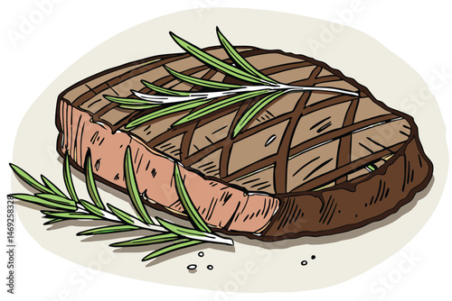 72 juicy steak, grilled meat, seared beef, rosemary garnish, food photography, detailed realistic, digital painting, 8k