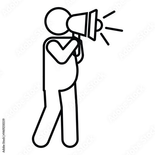 A black and white line art icon of a standing stick figure holding a megaphone close to its mouth, with sound lines indicating speech or announcement. This simple illustration symbolizes communication