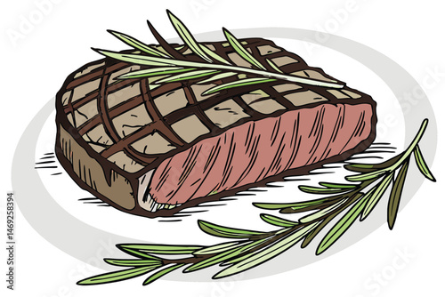 72 juicy steak, grilled meat, seared beef, rosemary garnish, food photography, detailed realistic, digital painting, 8k