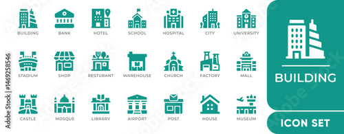Building icon set featuring cityscapes, houses, apartments, offices, landmarks, and construction elements. Perfect for real estate, maps, and architecture projects.