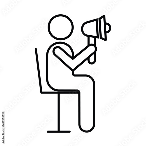 A simple black and white line art icon depicting a stick figure sitting on a chair and holding a megaphone. This minimalist illustration can represent a director, leader, announcer.