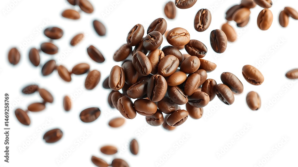 Freshly roasted coffee beans arranged on a clean white background with motion blur Freshly roasted coffee beans arranged on a clean white background with motion blur