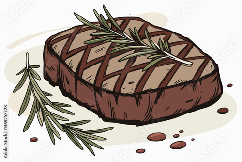 72 juicy steak, grilled meat, seared beef, rosemary garnish, food photography, detailed realistic, digital painting, 8k