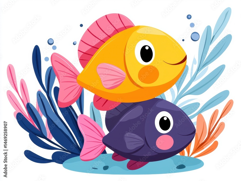 Naklejka premium Playful Cartoon Fish Among Colorful Coral