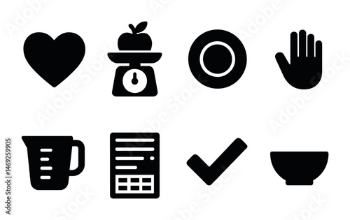 Healthy eating solid icons set – nutrition, wellness, filled food symbols