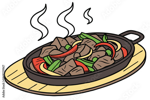 73 meat stir fry, steaming hot dish, sizzling vegetables, juicy beef, wooden serving plate, appetizing food, savory aroma, tasty meal, delicious dinner, mouth-watering presentation