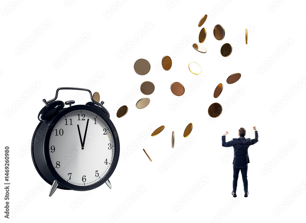 Alarm clock, flying coins, and a businessman on clean white background representing time management, financial success, and motivation