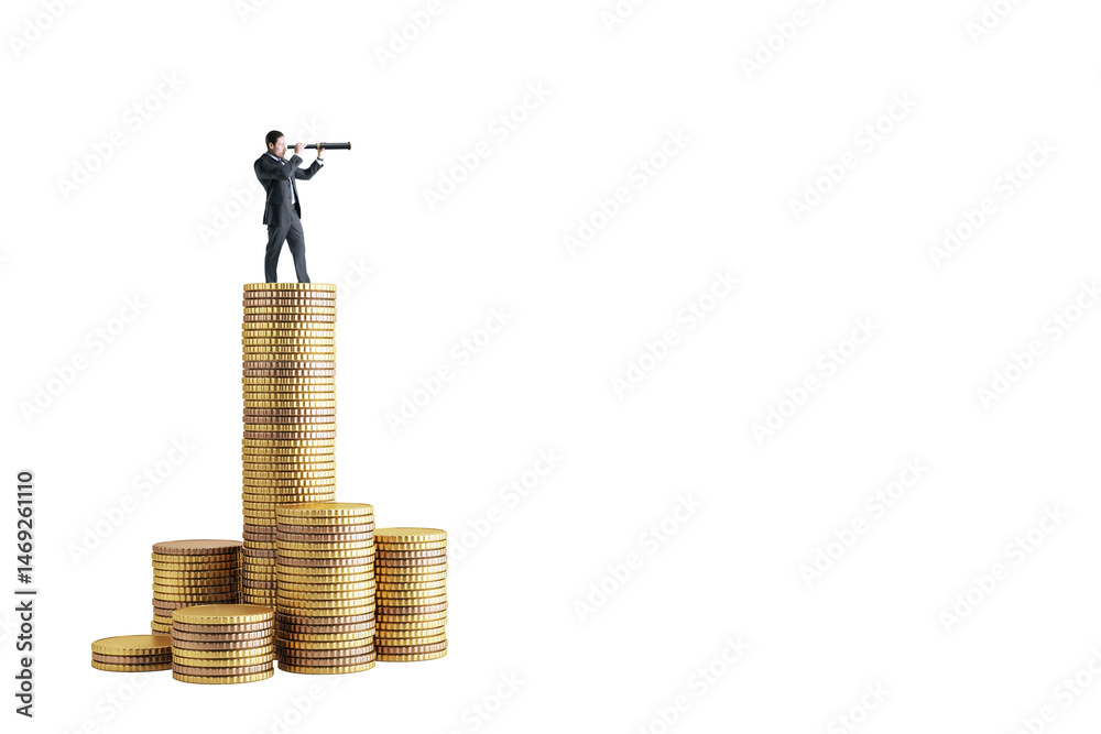 Businessman on gold coin stack holding telescope, isolated style on white background. Concept of financial vision, capital and investment