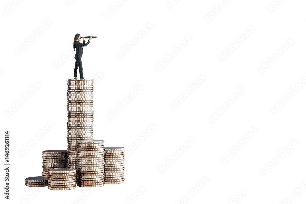 Businesswoman on tall stack of coins looking through telescope, isolated style on white background, concept of future vision in finance and investing