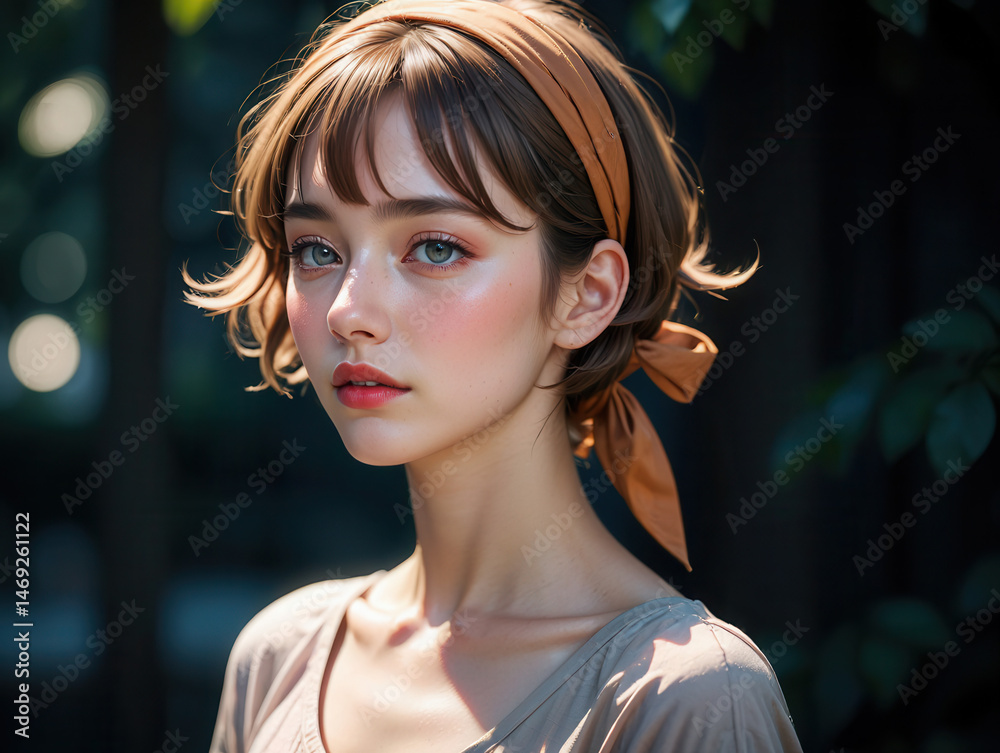Fototapeta premium Young Woman with Blonde Waves and Brown Headband.