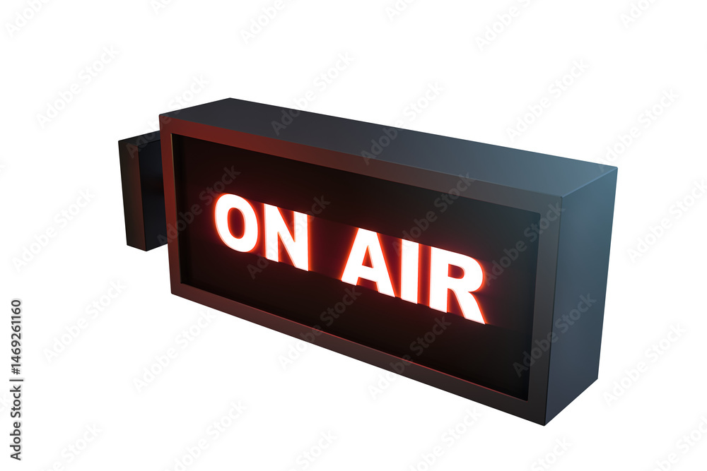 Glowing On Air box-shaped sign with illuminated red letters, isolated on a white background, clean cutout signage element for media concept. 3D Rendering.