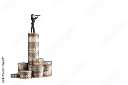 Obraz na płótnie Businesswoman on tall stack of coins looking through telescope, isolated style on white background, concept of future vision in finance and investing w salonie
