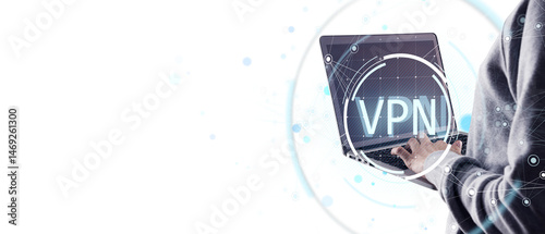 Person typing on laptop with VPN interface display, abstract digital network style, white background, concept of online privacy and protection