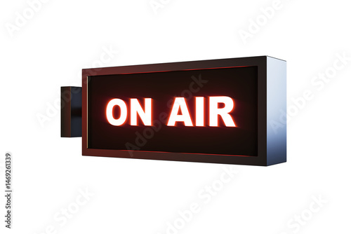 Obraz na płótnie Illuminated ON AIR sign in red and white, 3D Rendering style, isolated on white background. Concept of broadcasting, media, or recording studio w salonie