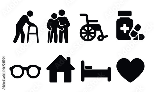 Elderly care and support icons for health and home design concepts