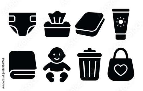 Baby essentials silhouette icons set – solid, filled, infant care symbols