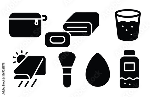 Bathroom essentials solid icons set – silhouette, hygiene, personal care symbols