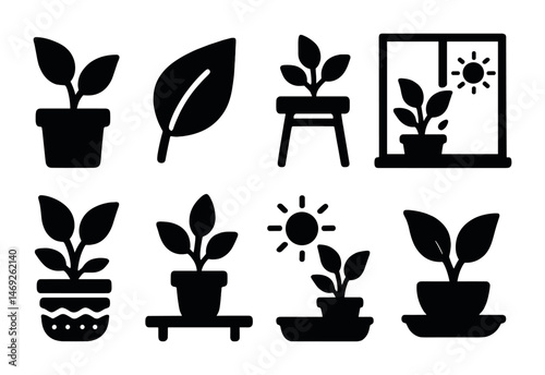 Gardening silhouette icons set – solid, filled, plant and horticulture symbols