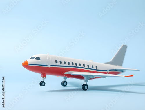 Miniature airplane model on blue background symbolizing travel and tourism
