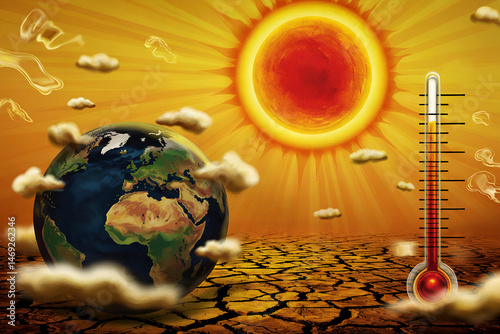 Climate change illustration with red sun and cracked Earth