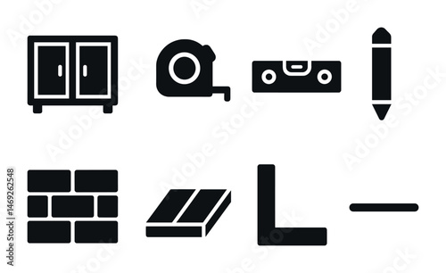 Construction and building solid icons set – tools, equipment, diy graphics