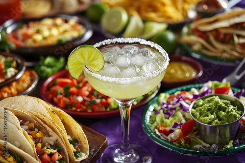 Margarita cocktail with tacos guacamole and other delicious traditional mexican dishes