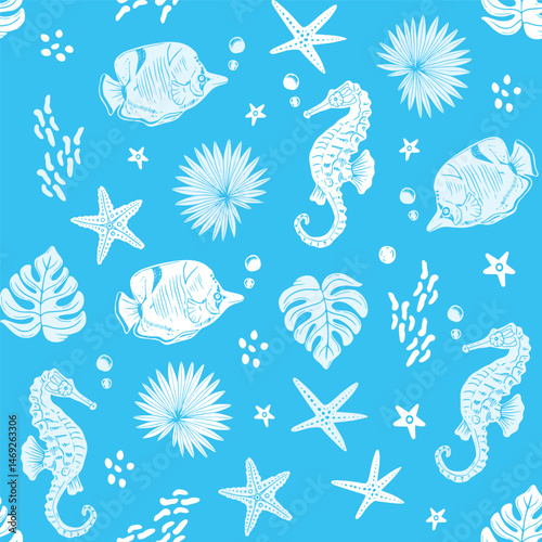 Seamless vector illustration showcasing an underwater scene teeming with vibrant coral reefs, diverse marine life, and serene oceanic beauty. Perfect for designs related to marine conservation