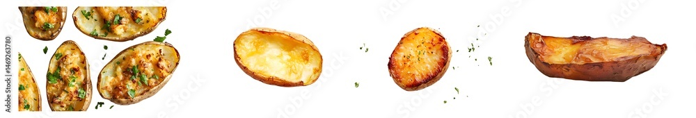 Set of several crispy, golden brown potato slices, likely baked or fried isolated on transparent background Set of several crispy, golden brown potato slices, likely baked or fried isolated on transparent background