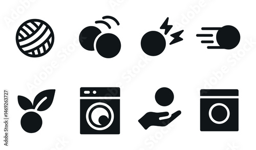 Laundry and cleaning solid icons set – bold, filled, washing and housekeeping symbols
