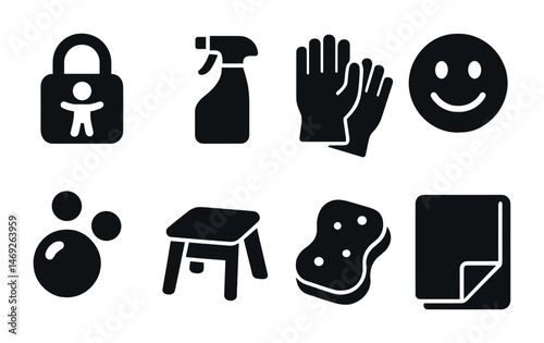 Cleaning and safety solid icons set – hygiene, protection, household symbols