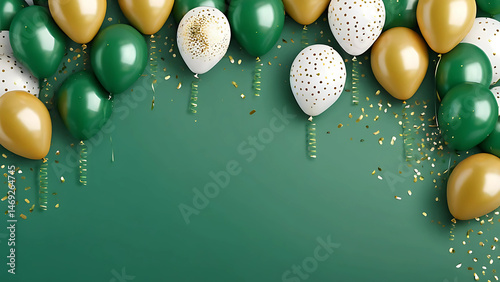 Elegant green birthday background with golden, green, and white balloons and festive confetti — perfect for celebration themes, party invitations, holiday greetings, New Year cards, Christmas designs photo