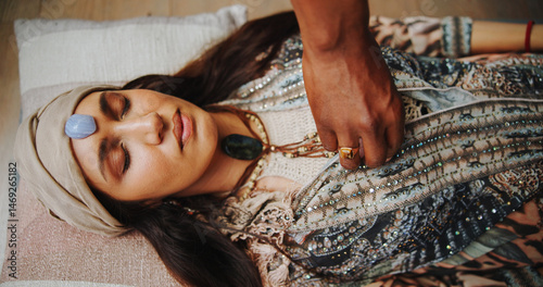 Quadro em tela Crystal, meditation and zen with woman on floor for energy balance, healing ritual and spirituality