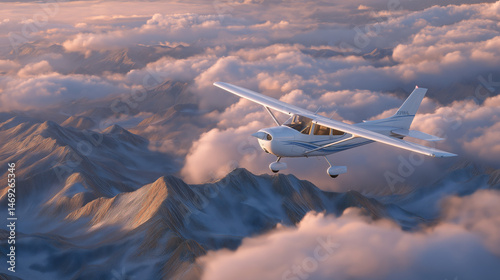 Aircraft flying over mountains in clear evening sky