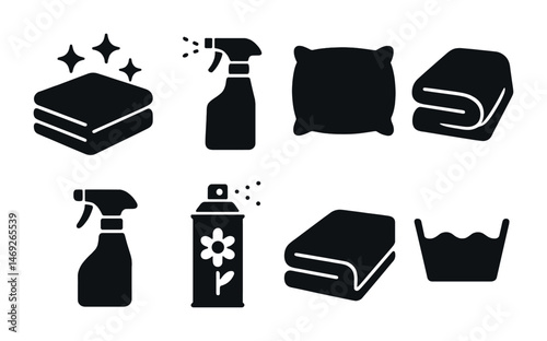Cleaning and housekeeping solid icons set – filled, hygiene, home care symbols