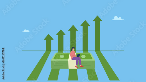 Illustration of woman working with computer on banknote growth chart. Increase income or salary raise, growing investment, wealth or saving profit, revenue rising, improvement or accumulate wealth.