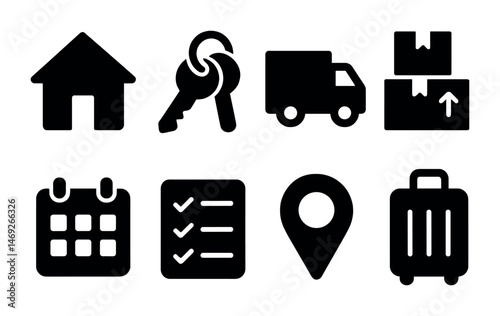 Real estate and moving icons set – solid, filled, home and relocation symbols