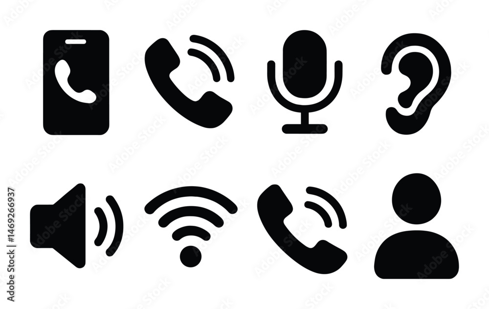 Communication and sound solid icons set – filled, audio, connection symbols