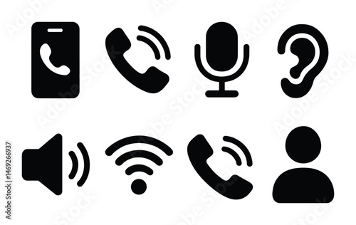 Communication and sound solid icons set – filled, audio, connection symbols