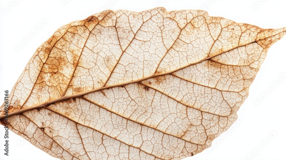 Fototapeta premium Close Up Of Dried Light Brown Leaf With Detailed Veins On White Background