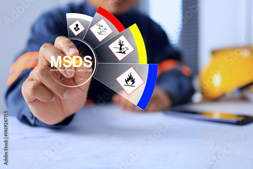 Canvas Print MSDS material safety data sheet concept with safety staff pointing at inhalation