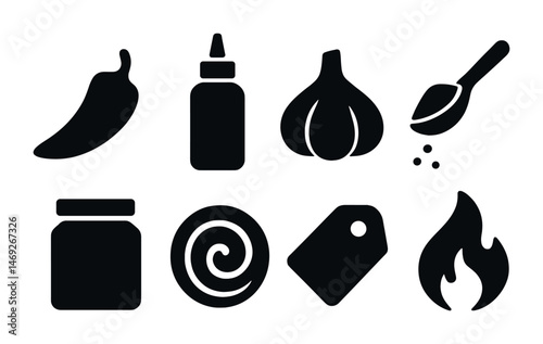 Food and spice solid icons set – filled, silhouette, cooking and seasoning designs