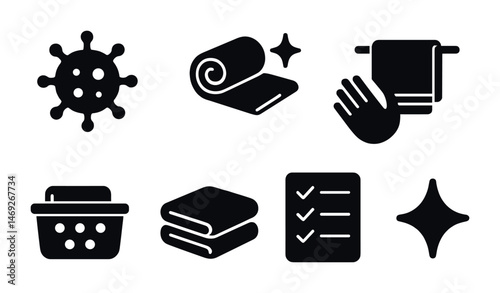 Cleaning and hygiene solid icons set – filled, household, sanitation symbols