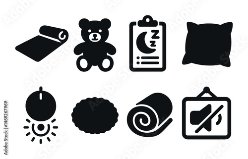Sleep and relaxation solid icons set – filled, bedtime, and rest symbols