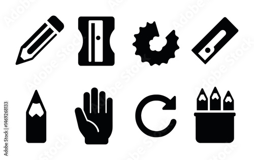 Education tools solid icons set – learning, school, study essentials symbols