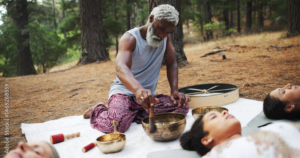 custom made wallpaper toronto digitalMan, shaman and zen with holistic class or bowl in forest for sound, vibrations or outdoor healing. Male person, instructor or reiki guru with ornament for deep meditation, chakra balance or ritual